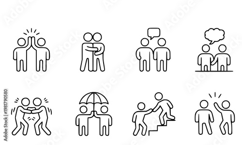 Set of friendship and teamwork line icons showing people hugging, helping, talking, and supporting each other, outline pictogram collection for social relationship and community concept