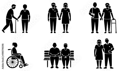 Set of elderly people silhouette icons showing senior couples walking, sitting on bench, and disabled person in wheelchair, black stick figure pictogram collection for healthcare and social care