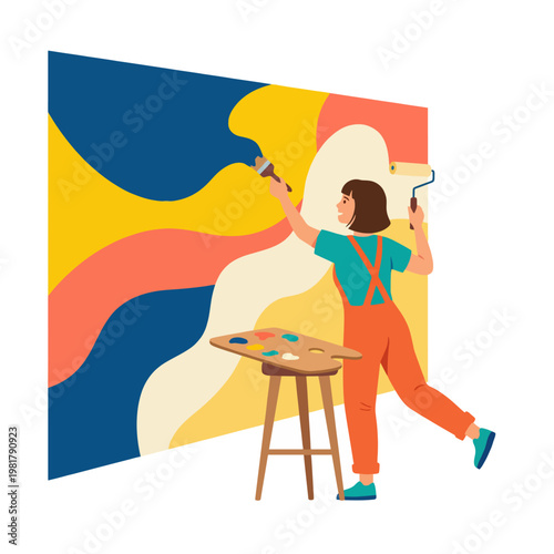 A person painting a vibrant abstract mural on a wall, using a roller and brush, with a palette of colors, showcasing creativity and artistic expression in modern design.
