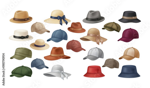 Realistic brimmed hats and caps with ribbons vector illustration for men and women fashion accessories isolated on white background