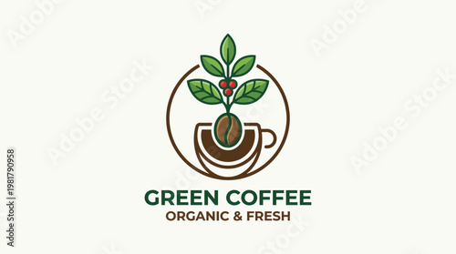 This logo features a coffee cup with a sprouting plant, symbolizing freshness and organic quality, ideal for businesses focused on sustainable coffee practices.