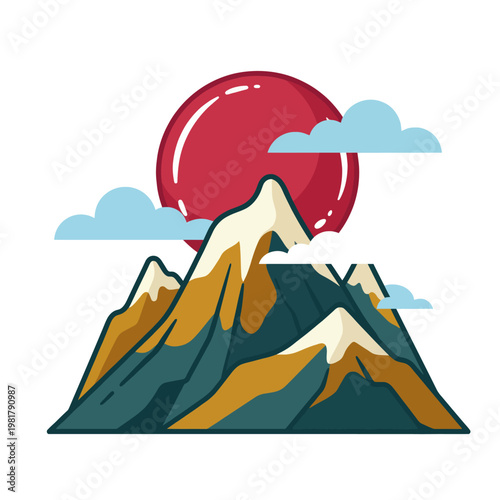 A vibrant and artistic representation of a mountain landscape with a large red sun setting behind the peaks, creating an enchanting atmosphere filled with calming visuals and natural beauty.