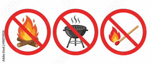 A collection of no fire symbols indicating safety precautions against open flames, grills, and matches, emphasizing fire safety and prevention measures in a clear and effective manner.