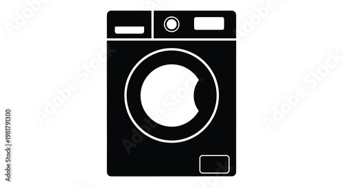 A simple black silhouette of a front loading washing machine appliance silhouette