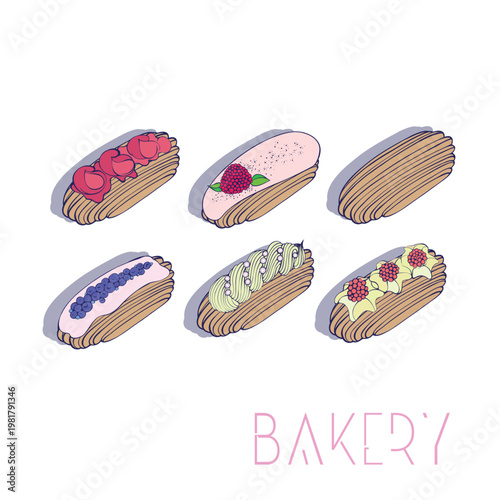 Set of colorful eclairs in different flavors, hand drawn pastry illustration isolated on white. Perfect for menu design, bakery branding, packaging and food projects.