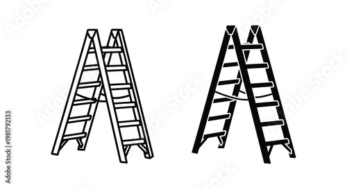Two black ladders stand prominently against a white background a stark silhouette