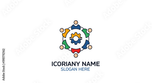 A colorful logo with people holding gears.