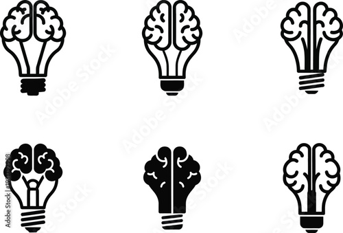 Creative brain lightbulb icon set representing human intelligence mental health psychology innovation and strategic brainstorming concepts