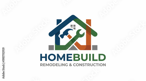 This image features a logo design for home remodeling and construction, showcasing tools within a house outline, ideal for branding construction companies.