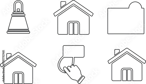 Professional vector line icons representing residential houses property management and website home navigation for real estate marketing and digital application design.