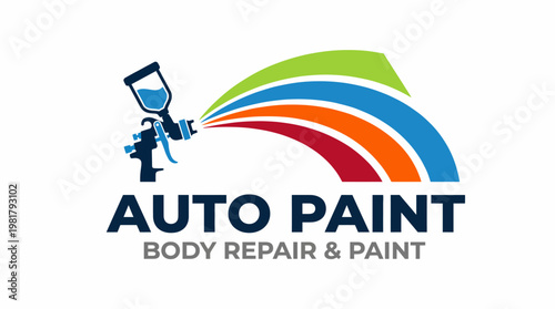 The logo for an auto paint shop artfully depicts a paint spray gun with colorful streams, conveying a sense of creativity and transformation in vehicle design and repair.