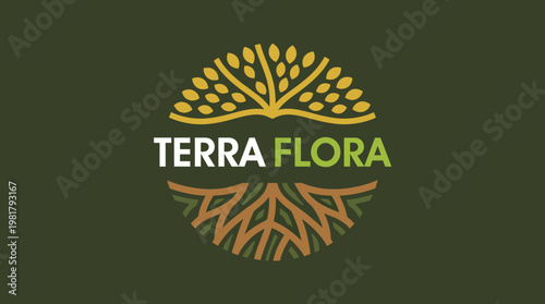 Terra Flora logo showcases nature's beauty with an elegant design capturing both plant life and earth, symbolizing sustainability and organic growth in a harmonious setting.