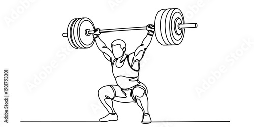 A black and white continuous line drawing of an athlete lifting a heavy barbell over his head