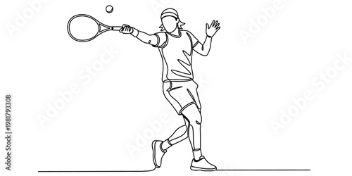 A minimalist single line drawing illustration of a male tennis player hitting a tennis ball