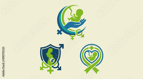 An abstract series of logos emphasizing gender health and maternal protection, symbolizing care for women and children in a visually intuitive artistic expression.