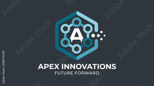This logo design represents Apex Innovations, showcasing a modern and innovative approach with a stylized hexagon and interconnected circles symbolizing collaboration.