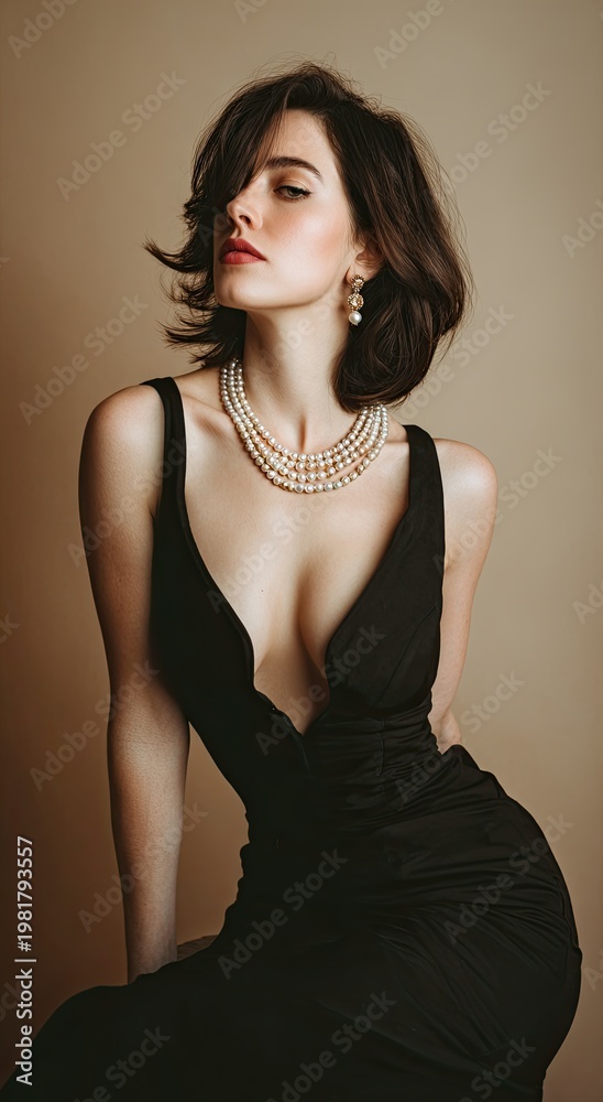 Fototapeta premium A sophisticated woman poses in a black evening dress and a pearl necklace against a beige studio light