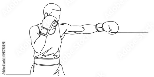 A single continuous line drawing illustration of a professional boxer throwing a strong punch