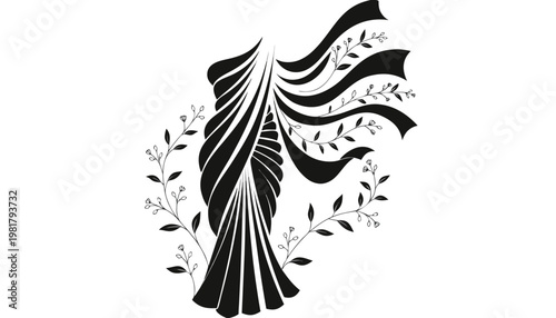 Silhouette of a woman in a sari with flowing fabric and leaves black and white indian culture traditional dress fashion illustration botanical elements draped clothing ethnic wear
