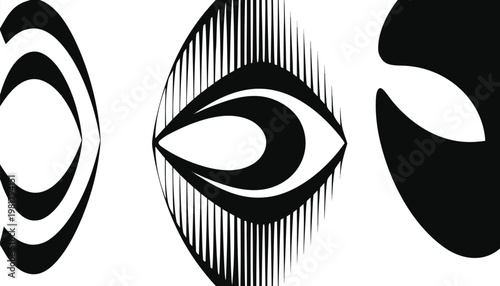 Three abstract eye shapes in black and white with abstract art abstract illustration minimalist monochrome creative stylized logotype artistic composition geometric perception