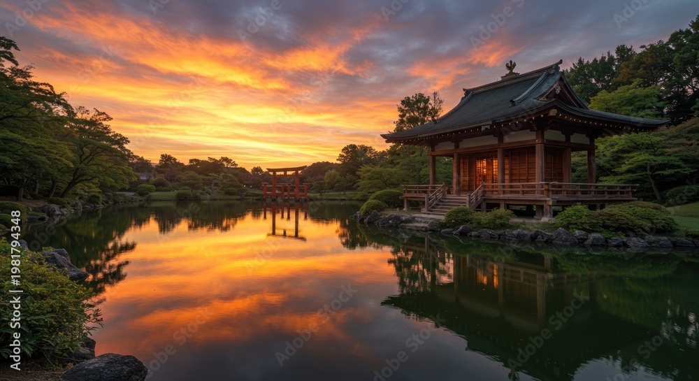 Obraz premium Tranquil japanese garden scene with pagoda reflected in still water at sunset