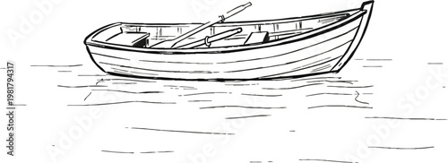 Hand drawn illustration of a small wooden rowboat floating on water