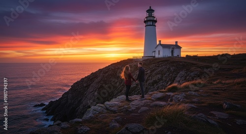 Couple observing sunset near lighthouse on cliffside