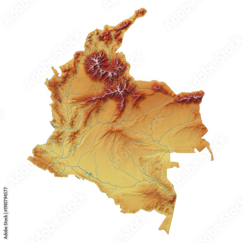 Topographic relief map of colombia isolated on a transparent background
