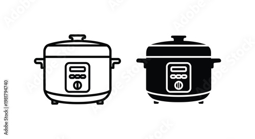 Two black rice cookers shown in a simple graphic illustration silhouette