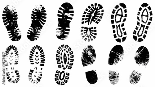 Collection of various black shoe prints and sole patterns on a white background