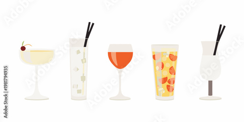 Assortment of colorful cocktails in various glasses a refreshing beverage lineup