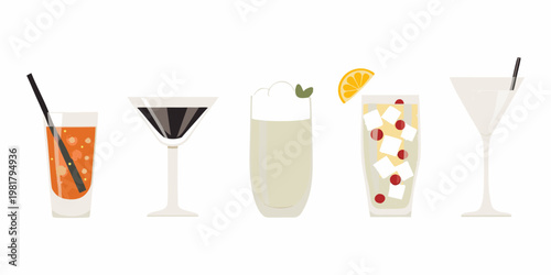 A colorful collection of illustrated cocktails in various shaped glasses