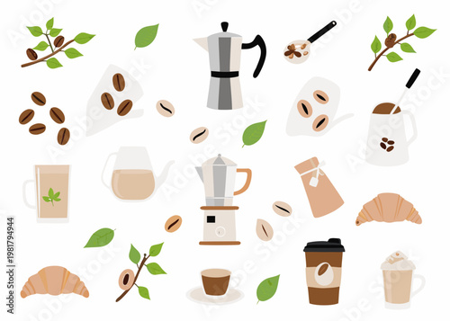 A collection of coffee elements including beans brewers and pastries