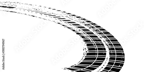Curved Tire Track with Grunge Texture, Black and White Abstract Road Pattern Background