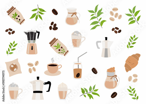 Stylized illustration of coffee elements pastries and botanical accents
