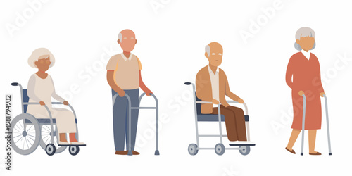 Diverse group of seniors utilizing mobility aids in a flat illustration