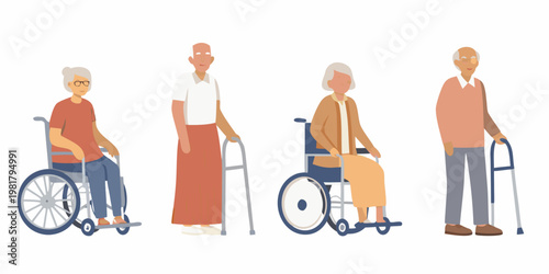 Diverse group of elderly people with mobility aids in a cartoon style