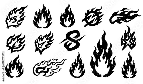 Creative graffiti flame doodle collection crayon fire icons punk rock black and white vector illustration set isolated on white background