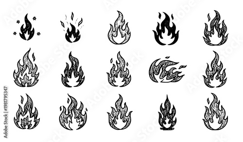 Crayon flame icons set graffiti doodle fire burning symbols punk black and white vector illustration isolated on white