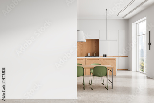 Minimal interior kitchen mockup with blank white wall beside modern wooden cabinetry, green chairs and bright architectural space design template illustration.. 3D Rendering