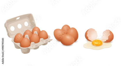 Brown eggs in carton and on table with one cracked open.
