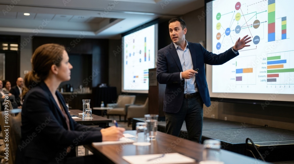 Fototapeta premium Focused presenter explaining multiline coverage benefits with detailed charts a single professional sitting nearby out of focus absorbing the information.