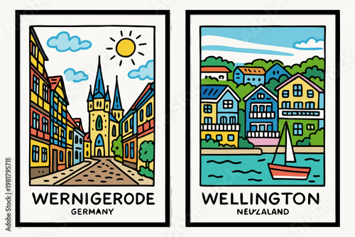Wernigerode Germany and Wellington New Zealand postcard scenes, colorful cityscape vector illustration