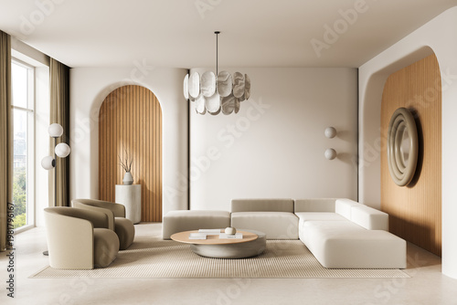 Modern minimalist living room interior featuring neutral seating, sculptural lighting, curved architectural elements and warm wooden accents in serene contemporary design.. 3D Rendering