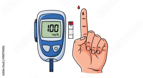 Illustration of a hand with a blood glucose meter and test strip on a white background.