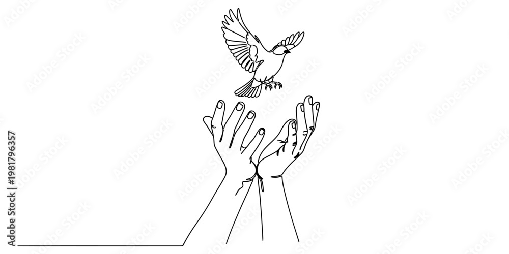 Obraz premium A detailed line art illustration depicting a pair of open hands releasing a small flying bird