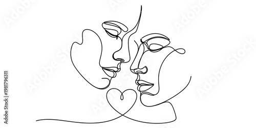 A minimalist single line art illustration showing two faces leaning towards a central heart shape.