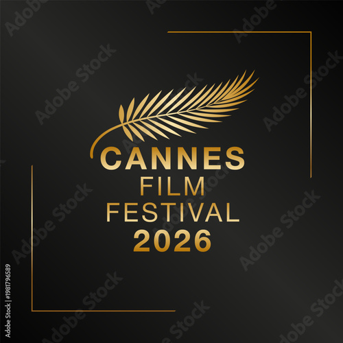 Cannes Film Festival 2026 Poster Simple Unique Gold Palm Leaf on Dark Background with Corner Frame