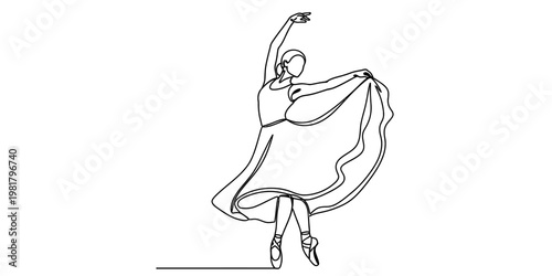 A minimalist single line drawing illustration of a graceful ballerina performing a dance move