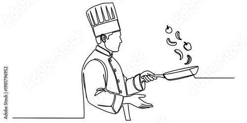 A single line drawing of a professional chef preparing food with a frying pan in the kitchen area